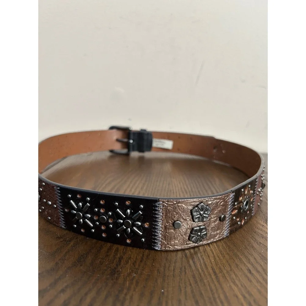 Vintage Fossil Womens Large Brown Leather Patchwork‎ Studded Floral Belt